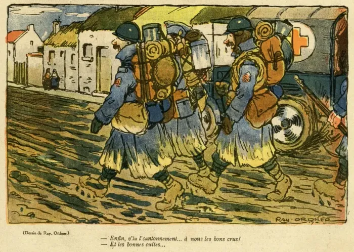 Framed Print : Cartoon, Soldiers approach new billet, WW1 Framed Print : Cartoon, Soldiers approach new billet, WW1