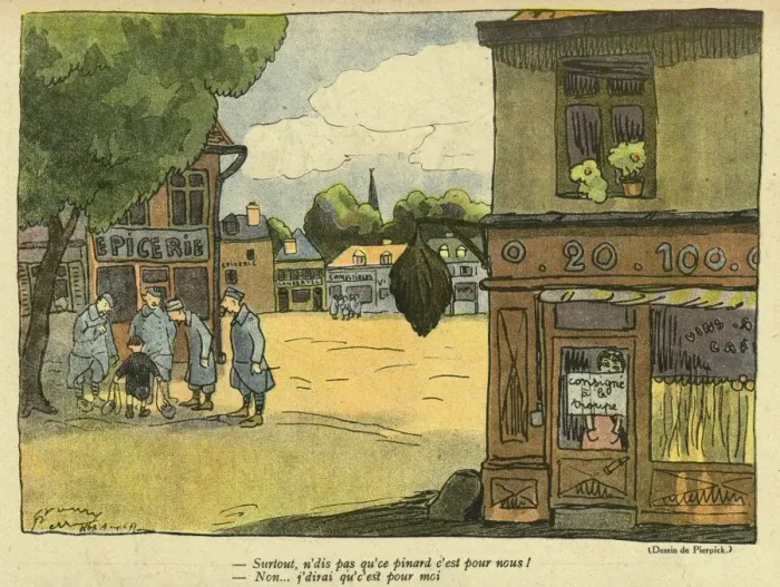 Framed Print : Cartoon, Soldiers and boy in street, WW1 Framed Print : Cartoon, Soldiers and boy in street, WW1