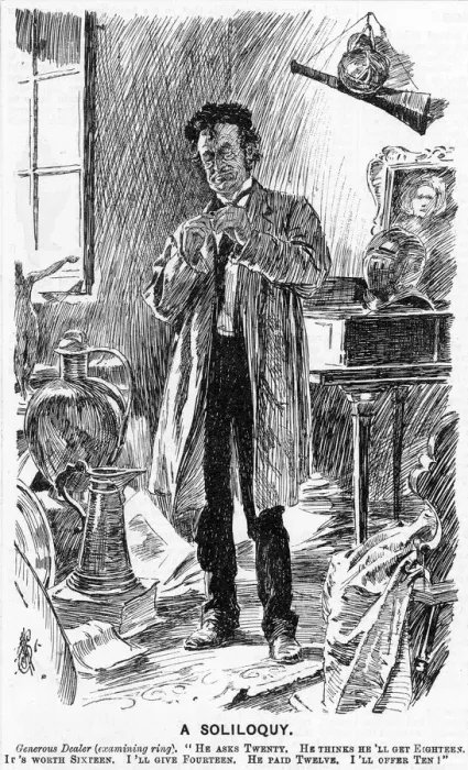 Framed Print : Cartoon, A Soliloquy (antique dealer) Framed Print : Cartoon, A Soliloquy (antique dealer)
