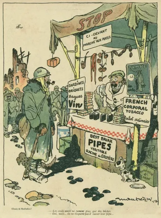 Framed Print : Cartoon, Stall selling tobacco, WW1 Framed Print : Cartoon, Stall selling tobacco, WW1