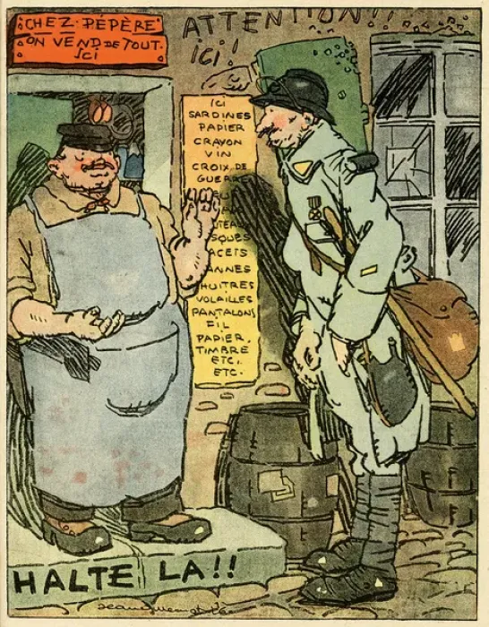 Framed Print : Cartoon, Trader and French soldier, WW1 Framed Print : Cartoon, Trader and French soldier, WW1