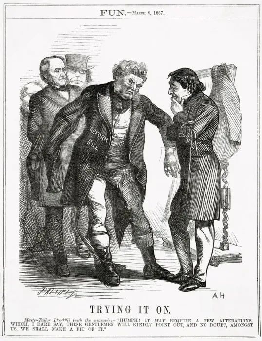 Framed Print : Cartoon, Trying It On (Disraeli and Reform) Framed Print : Cartoon, Trying It On (Disraeli and Reform)