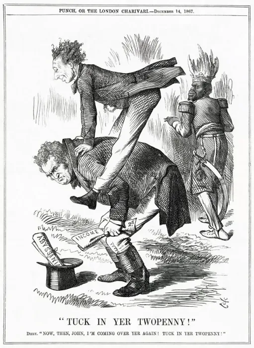 Framed Print : Cartoon, Tuck in Yer Twopenny! (Disraeli and Tax) Framed Print : Cartoon, Tuck in Yer Twopenny! (Disraeli and Tax)