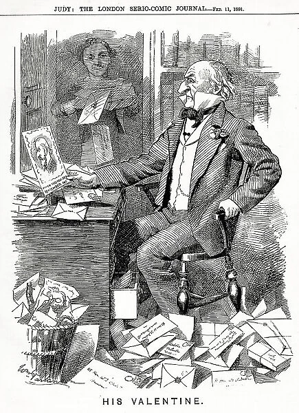 Cartoon, His Valentine, W E Gladstone at his desk