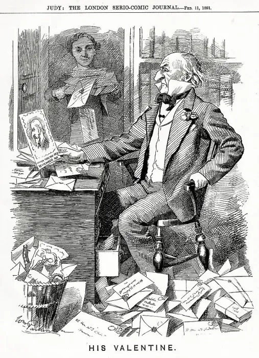 Framed Print : Cartoon, His Valentine, W E Gladstone at his desk Framed Print : Cartoon, His Valentine, W E Gladstone at his desk