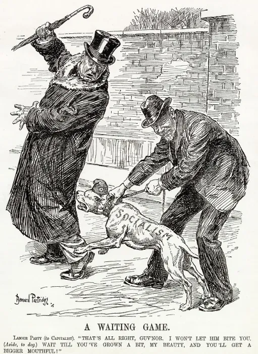Framed Print : Cartoon, A Waiting Game -- the Labour Party restrains the socialist dog for the time being, but warns that the capitalist will not always escape! Date: 1908 Framed Print : Cartoon, A Waiting Game -- the Labour Party restrains the socialist dog for the time being, but warns that the capitalist will not always escape! Date: 1908