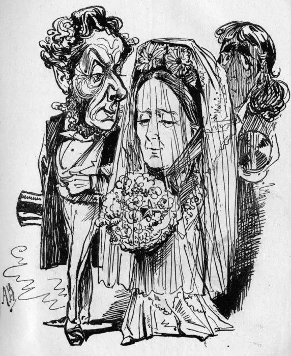 Framed Print : Cartoon, wedding scene with Henry Irving Framed Print : Cartoon, wedding scene with Henry Irving
