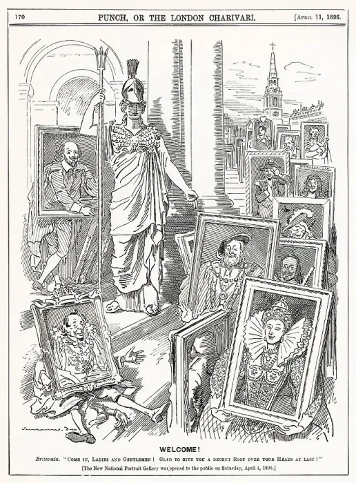 Framed Print : Cartoon, Welcome! Britannia: Come in, ladies and gentlemen! Glad to give you a decent roof over your heads at last!'. A comment on the opening of the National Portrait Gallery on Saturday 4 April 1896. Date: 1896 Framed Print : Cartoon, Welcome! Britannia: Come in, ladies and gentlemen! Glad to give you a decent roof over your heads at last!'. A comment on the opening of the National Portrait Gallery on Saturday 4 April 1896. Date: 1896