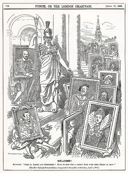 Cartoon, Welcome! Britannia: Come in, ladies and gentlemen! Glad to give you a decent roof over your heads at last!'. A comment on the opening of the National Portrait Gallery on Saturday 4 April 1896. Date: 1896