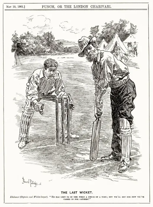 Framed Print : Cartoon, The Last Wicket - The Boer War is compared to cricket with a Boer batting and Kitchener as wicket keeper. Date: 1901 Framed Print : Cartoon, The Last Wicket - The Boer War is compared to cricket with a Boer batting and Kitchener as wicket keeper. Date: 1901