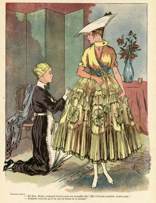 Framed Print : Cartoon, Woman trying on new dress, WW1 Framed Print : Cartoon, Woman trying on new dress, WW1