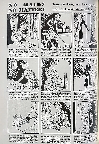 Cartoons showing the activities of a diligent wartime housewife, operating without the assistance of a maid. Date: 1943