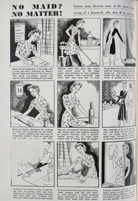 Framed Print : Cartoons showing the activities of a diligent wartime housewife, operating without the assistance of a maid. Date: 1943 Framed Print : Cartoons showing the activities of a diligent wartime housewife, operating without the assistance of a maid. Date: 1943