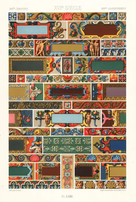 Framed Print : Cartouches on friezes, scrolls and ornamental nails, 16th centur Framed Print : Cartouches on friezes, scrolls and ornamental nails, 16th centur
