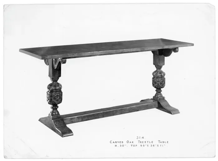 Framed Print : Carved Oak trestle table Framed Print : Carved Oak trestle table