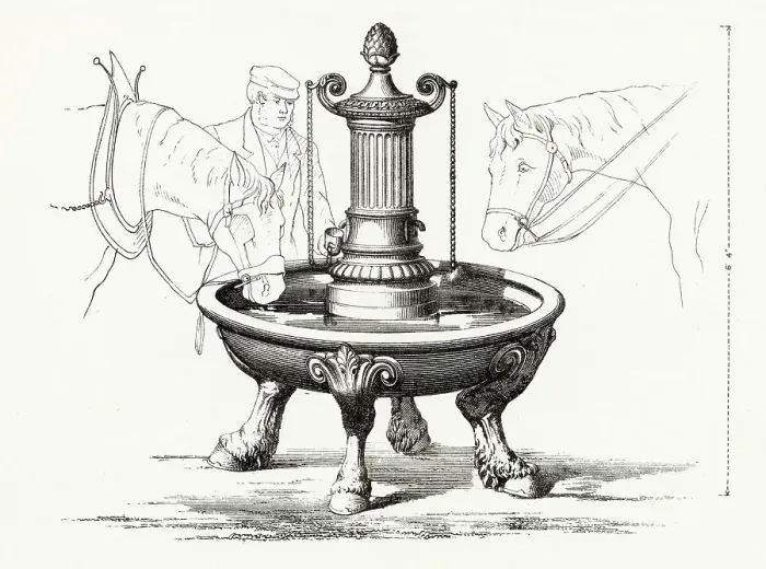Framed Print : Case iron circular horse trough with drinking fountain. Date: 1906 Framed Print : Case iron circular horse trough with drinking fountain. Date: 1906