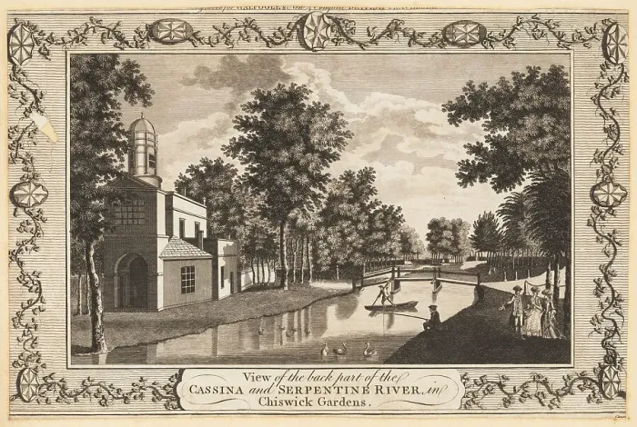 Framed Print : The Cassina and Serpentine River, Chiswick Gardens, 18th century Framed Print : The Cassina and Serpentine River, Chiswick Gardens, 18th century