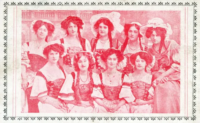 Framed Print : Cast of nine women in costume Framed Print : Cast of nine women in costume
