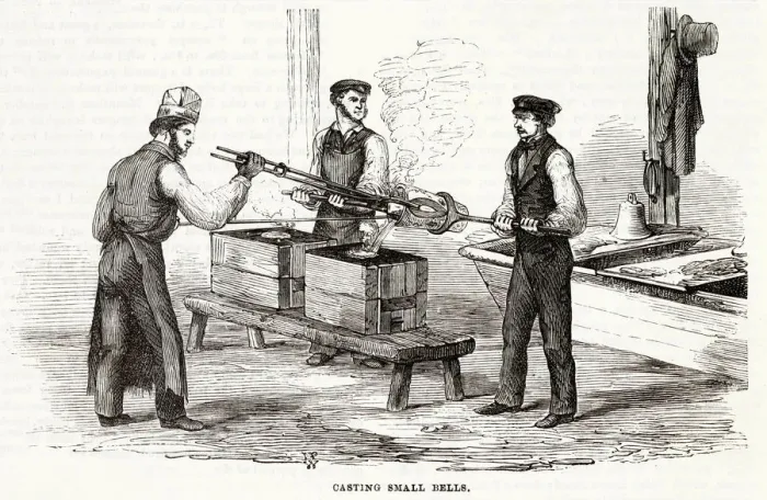 Framed Print : Casting small bells 1840s Framed Print : Casting small bells 1840s