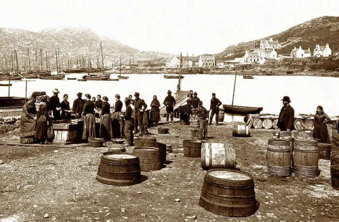 Framed Print : Castlebay, Isle of Barra, herring fishermen Framed Print : Castlebay, Isle of Barra, herring fishermen