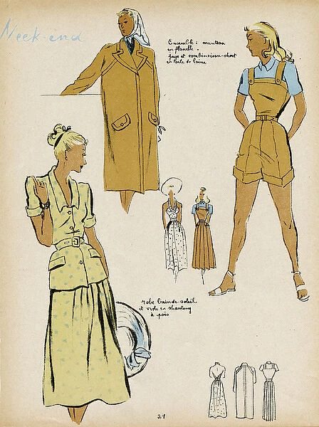 Casual Wear 1940s. Bib and brace shorts (dungarees) or dress; shapeless