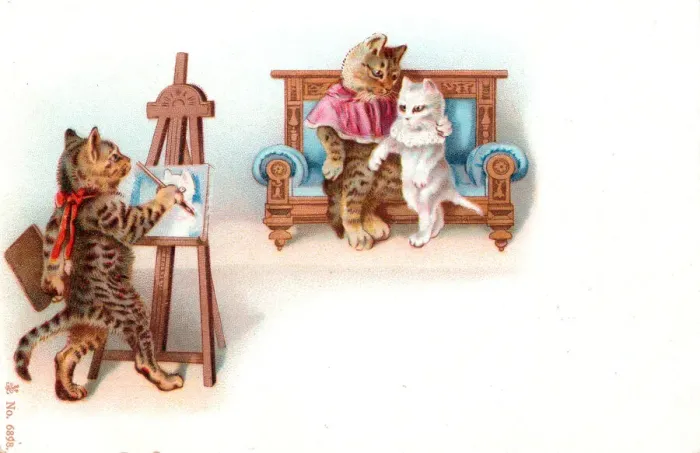 Framed Print : Cat artist and clients on a postcard Framed Print : Cat artist and clients on a postcard