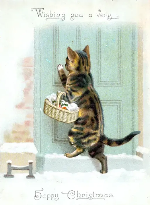 Framed Print : Cat with basket on a Christmas card Framed Print : Cat with basket on a Christmas card