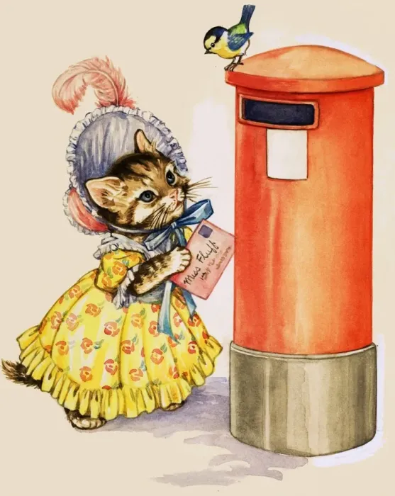 Framed Print : Cat in a bonnet posting a letter at a letter box Framed Print : Cat in a bonnet posting a letter at a letter box