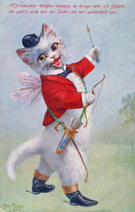 Framed Print : Cat with bow and arrows on a German postcard Framed Print : Cat with bow and arrows on a German postcard