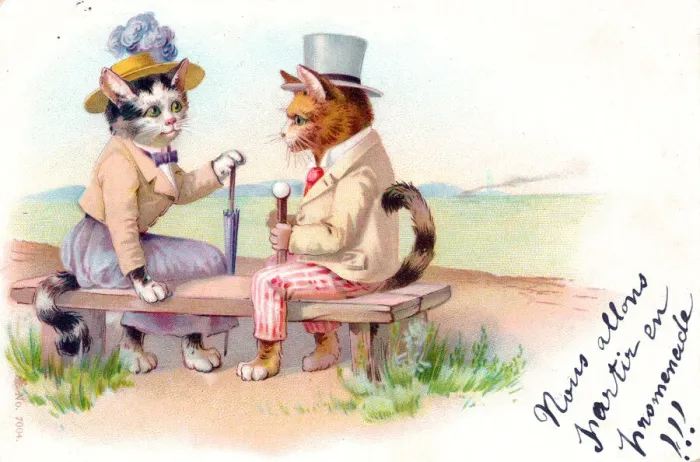 Framed Print : Cat couple on a bench on a postcard Framed Print : Cat couple on a bench on a postcard