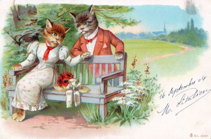 Framed Print : Cat couple in a park on a greetings postcard