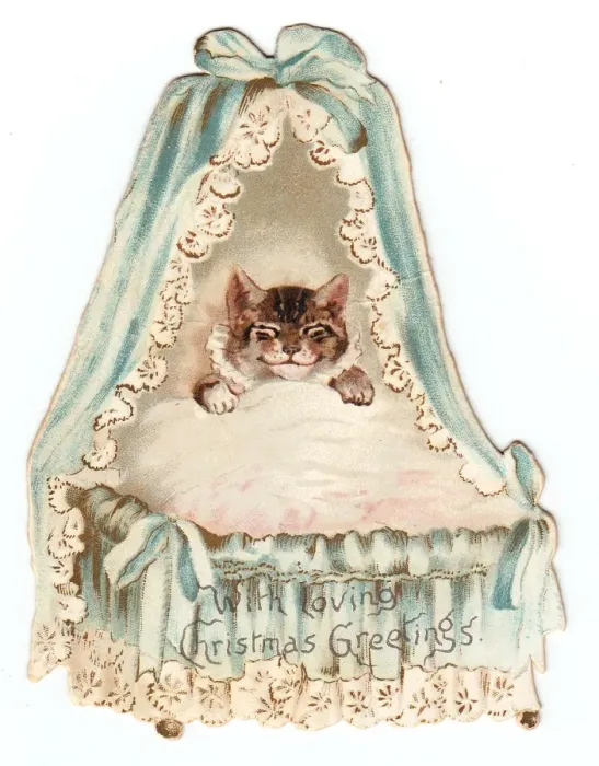 Framed Print : Cat in a cradle on a cutout Christmas card Framed Print : Cat in a cradle on a cutout Christmas card