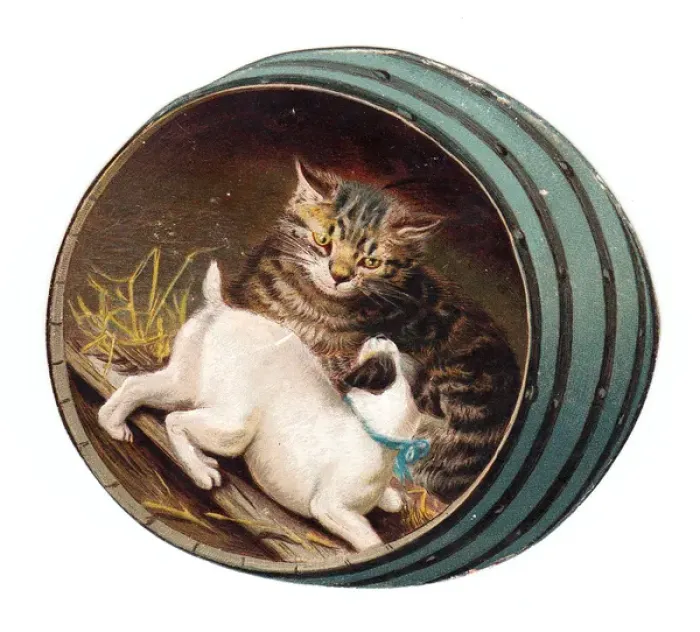 Framed Print : Cat and dog inside a barrel on a cutout Christmas card Framed Print : Cat and dog inside a barrel on a cutout Christmas card