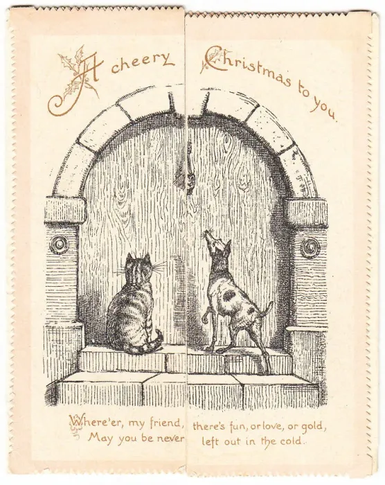 Framed Print : Cat and dog waiting at a door on a Christmas card Framed Print : Cat and dog waiting at a door on a Christmas card
