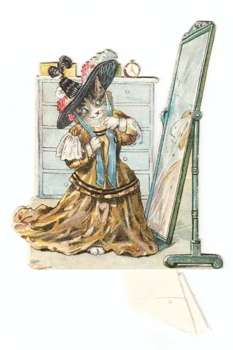 Framed Print : Cat dressing in front of a mirror on a greetings card Framed Print : Cat dressing in front of a mirror on a greetings card