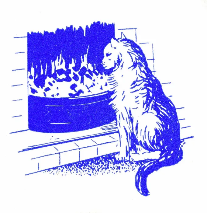 Framed Print : Cat by a fire - 1950s printer's block Framed Print : Cat by a fire - 1950s printer's block