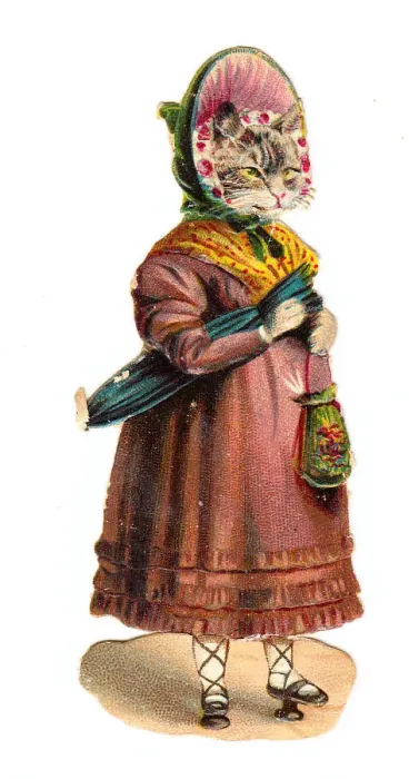 Framed Print : Cat in human costume on a Victorian scrap Framed Print : Cat in human costume on a Victorian scrap