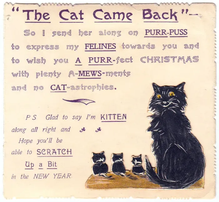 Framed Print : Cat and kittens with comic verse on a Christmas card Framed Print : Cat and kittens with comic verse on a Christmas card