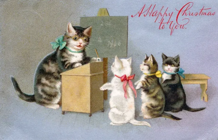 Framed Print : Cat and kittens in a schoolroom on a Christmas postcard Framed Print : Cat and kittens in a schoolroom on a Christmas postcard