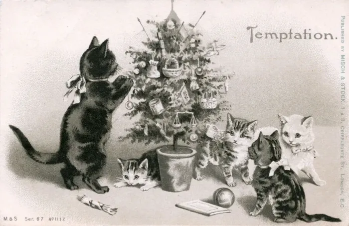 Framed Print : Cat and kittens with a tree on a Christmas postcard Framed Print : Cat and kittens with a tree on a Christmas postcard
