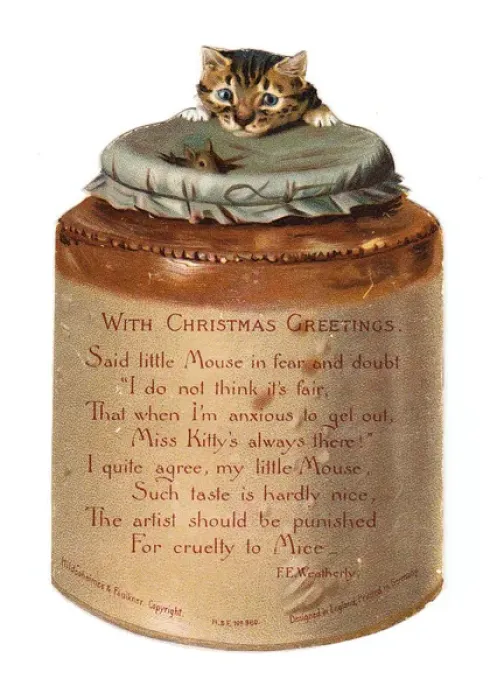 Framed Print : Cat and mouse on a pot-shaped Christmas card Framed Print : Cat and mouse on a pot-shaped Christmas card