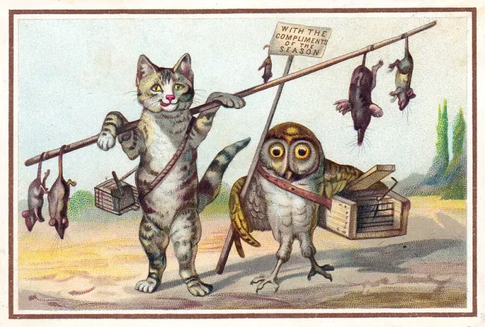 Framed Print : Cat and owl as rat catchers on a Christmas card Framed Print : Cat and owl as rat catchers on a Christmas card