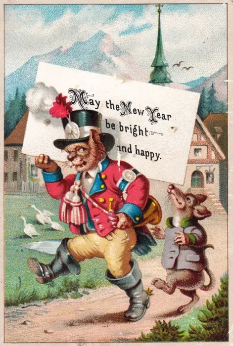 Framed Print : Cat and rat on a New Year card Framed Print : Cat and rat on a New Year card