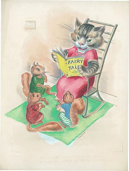 Cat reading fairy tales to squirrels