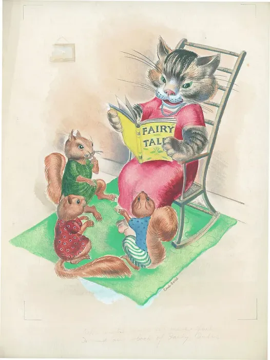 Framed Print : Cat reading fairy tales to squirrels Framed Print : Cat reading fairy tales to squirrels