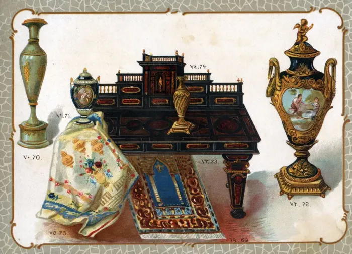 Framed Print : Catalogue illustration, carpets, vases, desk Framed Print : Catalogue illustration, carpets, vases, desk
