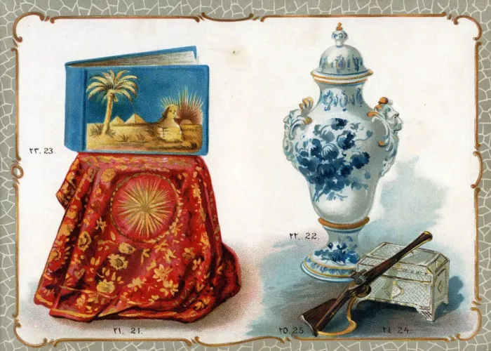 Framed Print : Catalogue illustration, embroidered cloth, vase, album, etc Framed Print : Catalogue illustration, embroidered cloth, vase, album, etc