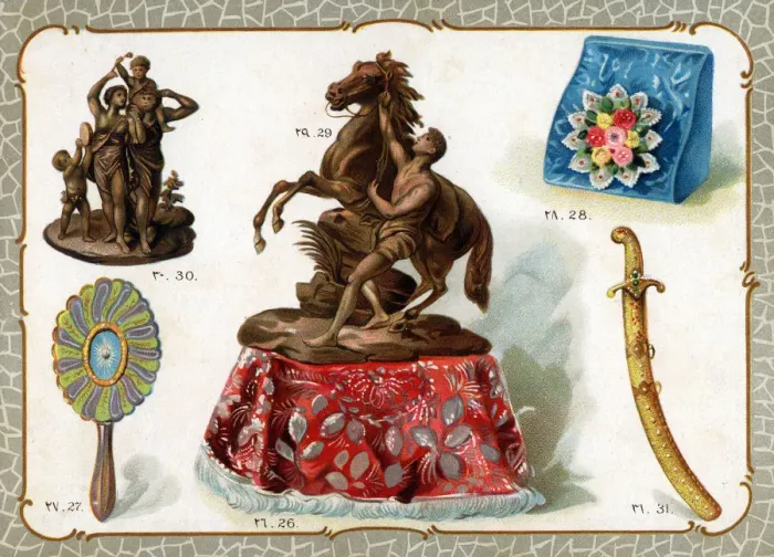 Framed Print : Catalogue illustration, embroidered cloth, mirror, etc Framed Print : Catalogue illustration, embroidered cloth, mirror, etc