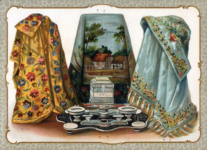 Framed Print : Catalogue illustration, embroidered covers and tobacco set Framed Print : Catalogue illustration, embroidered covers and tobacco set