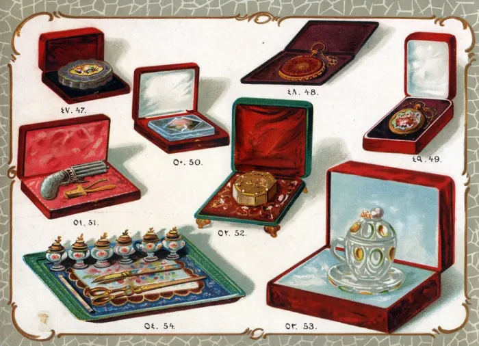 Framed Print : Catalogue illustration, items in presentation boxes, etc Framed Print : Catalogue illustration, items in presentation boxes, etc